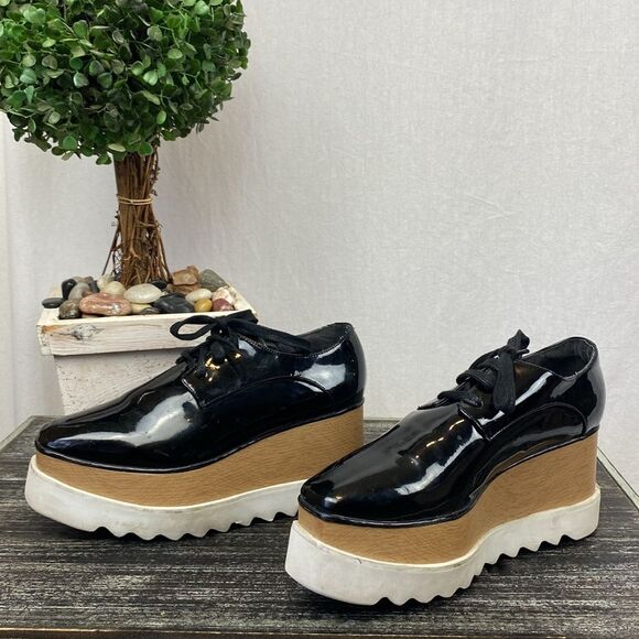 Jessica Buurman Black Patent Leather Lace Up Platform Sneaker Shoes 6.5 - Picture 1 of 7